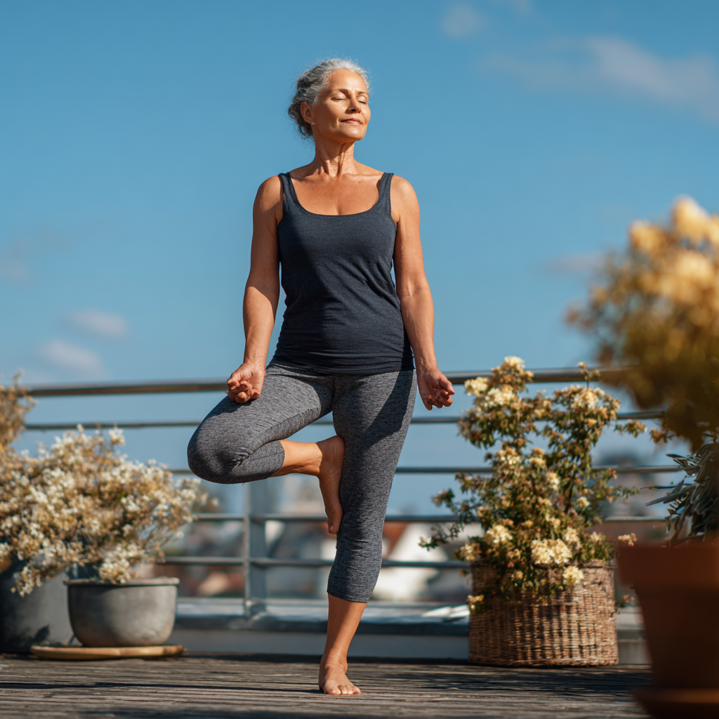 Femeie de 55 ani practicând yoga în poziția copacului pe o terasă însorită, radiind calm și echilibru