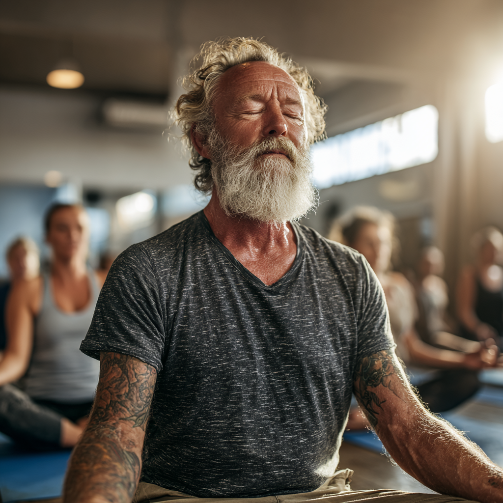 Bărbat de 60 ani într-o ședință de yoga pentru începători, concentrat pe respirație în poziția lotus